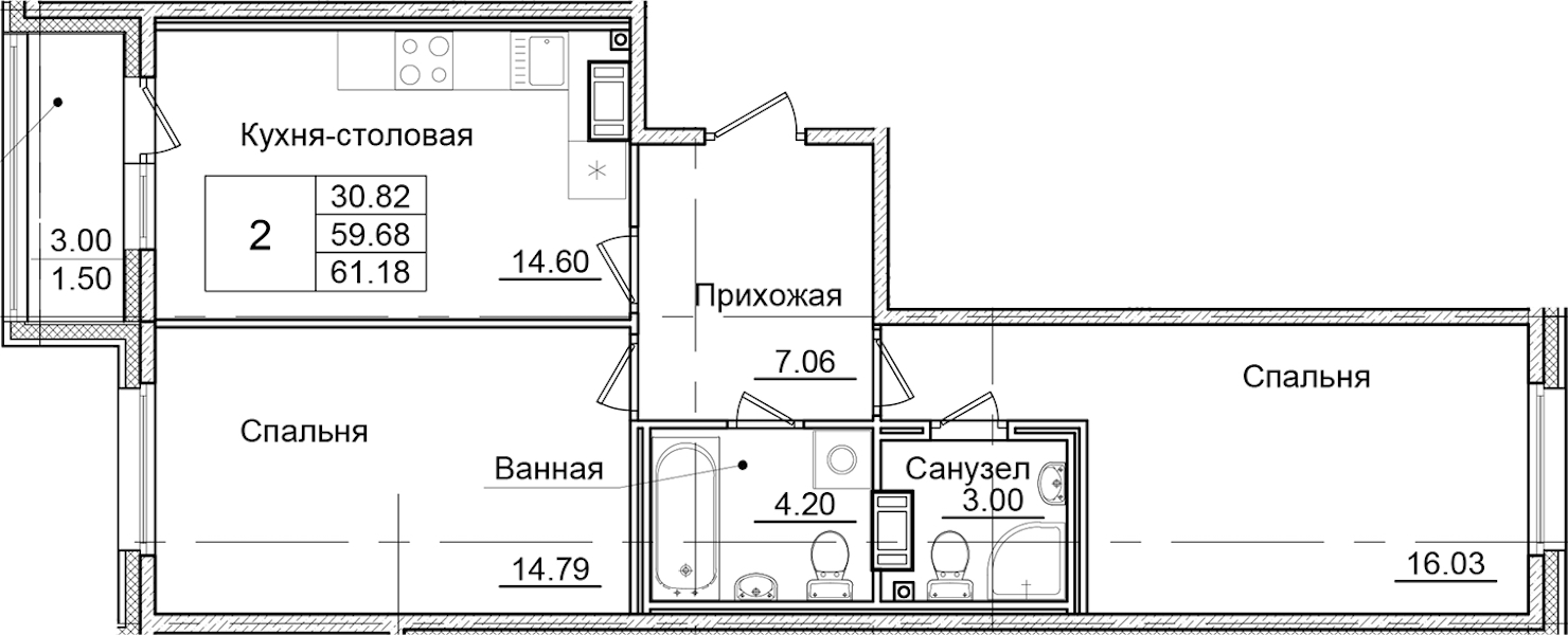 2-комнатная квартира 61.18 м², 6/9 эт., ЖК «Квартал Заречье»
